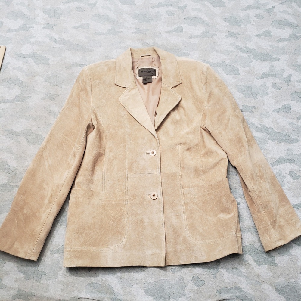 Brandon Thomas Suede Leather Jacket Women Large Tan 2 Button Coat